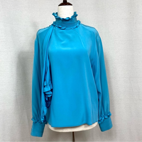 Chloe Vintage Teal Blue Mock Neck Ruffle Blouse - Picture 4 of 10